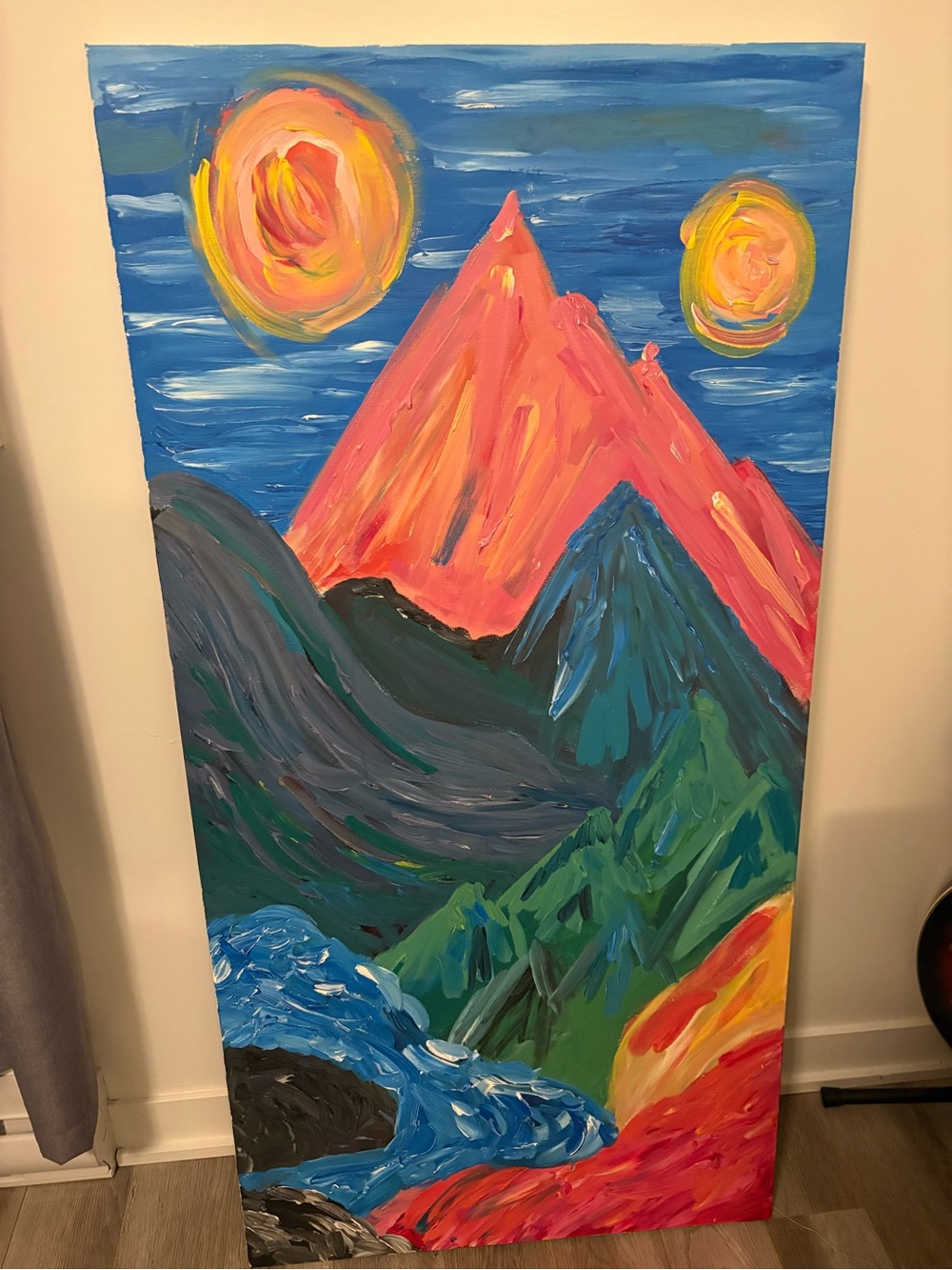 Abstract Mountain Landscape Canvas Painting - Vibrant Pink & Blue
